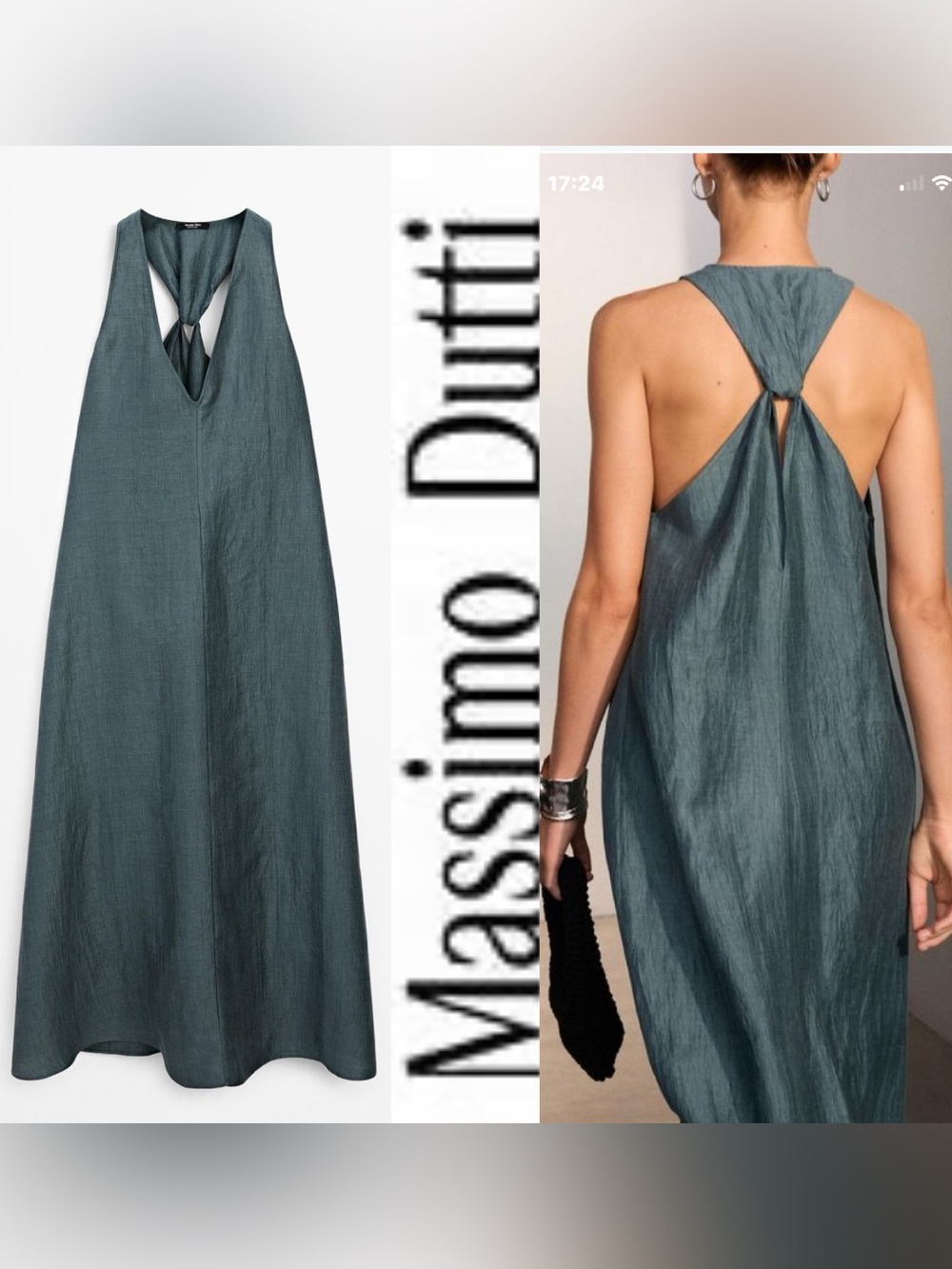 Massimo Dutti Teal Linen Blend Maxi Dress SM Knotted Open Back Minimalist BOHO